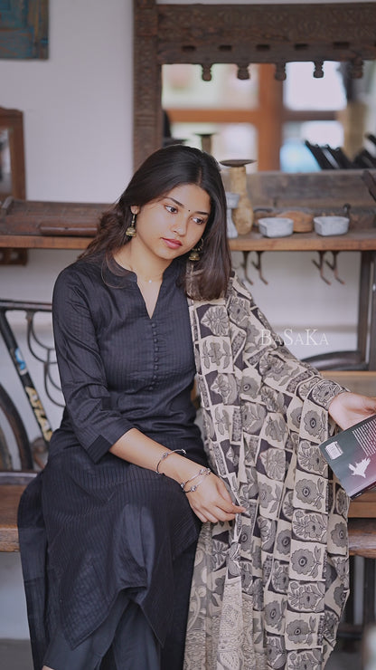 Black Kalamkari South Cotton Suit Set (3Pcs.)