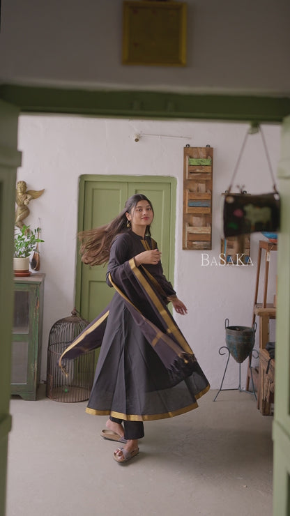 Mangalagiri Smoky Black Anarkali Suit Set (3 Pcs.) with lining
