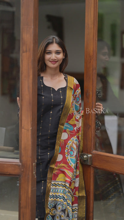 Deep Black Soft Raw Silk Suit Set (3 Pcs.) with lining