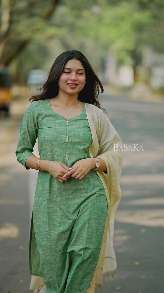 Ocean Green South Cotton Handloom Suit Set (3Pcs.)