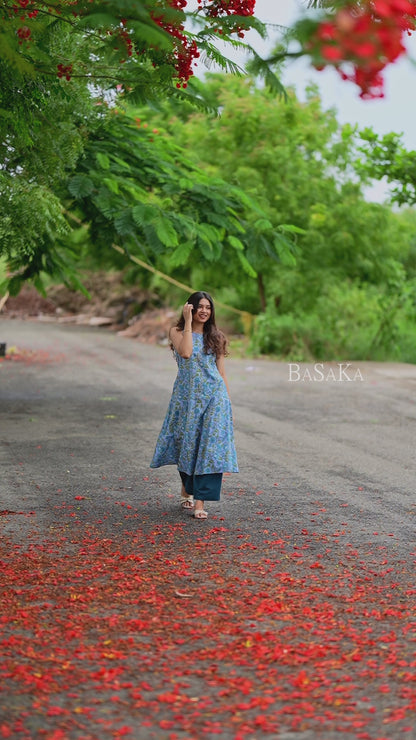 Steel Blue Floral Block Printed A-Line Sleeveless COTTON Kurta