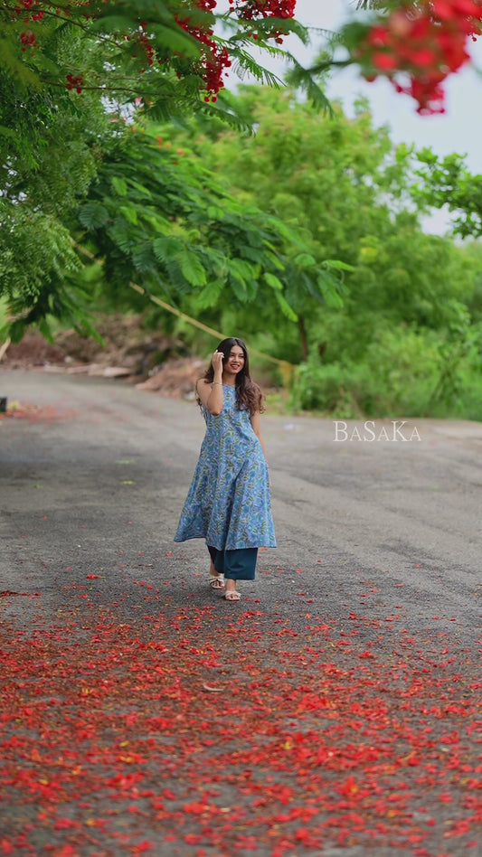 Steel Blue Floral Block Printed A-Line Sleeveless COTTON Kurta