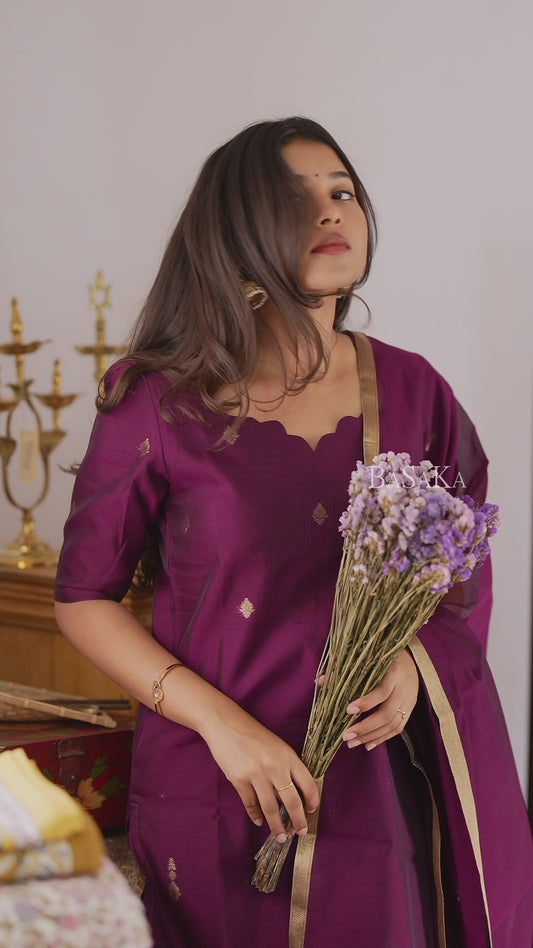Deep Purple Kora Silk Suit Set (3 Pcs) with lining