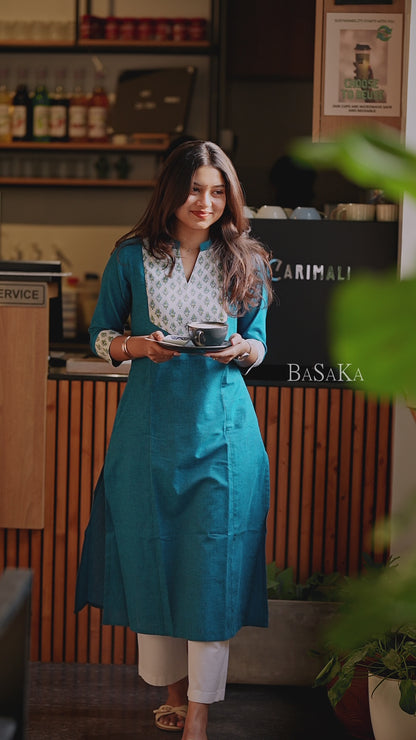 Flowers on Peacock A-line COTTON Kurta