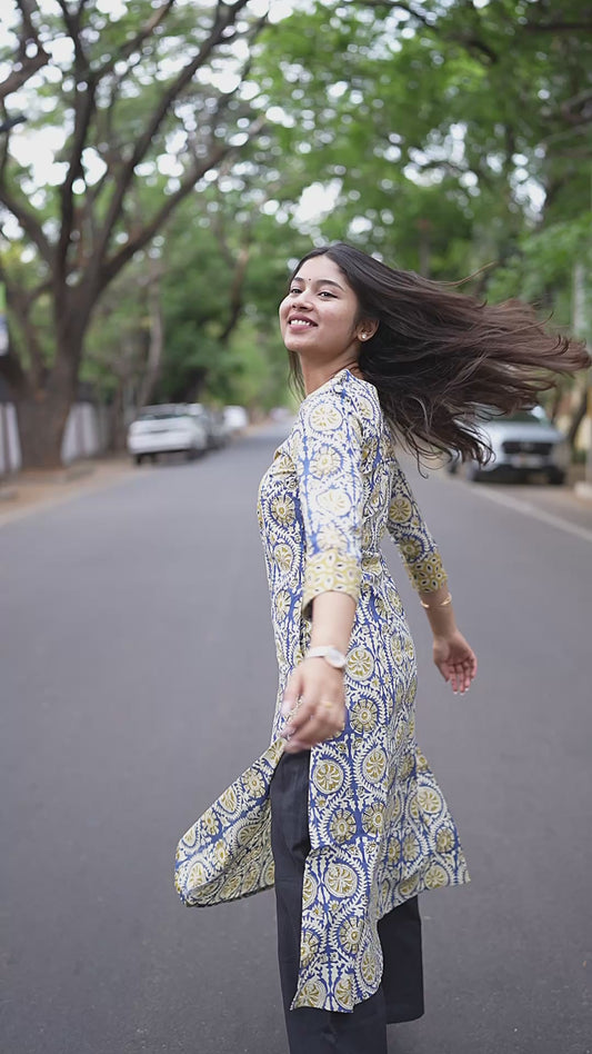 Golden Blue Block Printed Aline COTTON Kurta