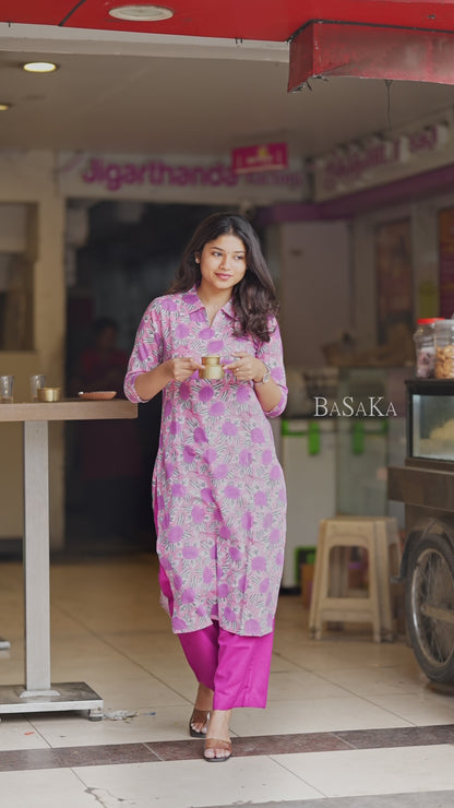 Lavender Roses Block Printed Cotton Kurta