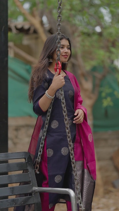 Deep Navy Blue n Pancy Purple Kora Silk Suit Set (3 pcs.) with lining