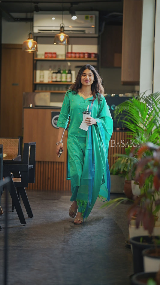 Rama Green South Cotton Handloom Suit Set (3Pcs.) with lining