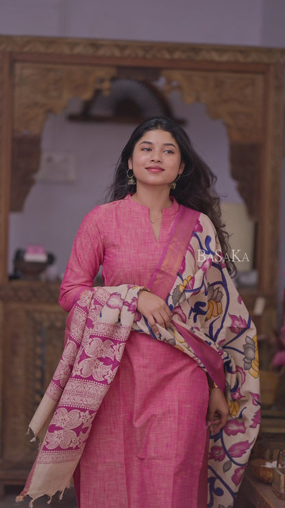French Pink South Cotton Handloom Suit Set with Kalamkari Duppata