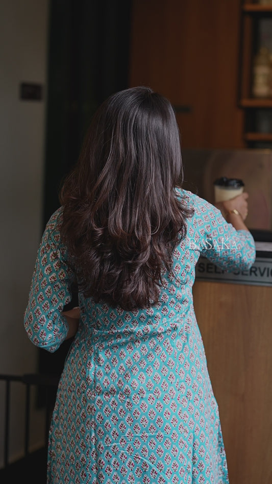 Teal Blue Floral COTTON A-Line Kurta