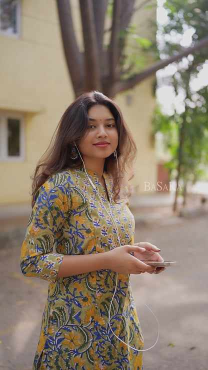 Marigold Blue Blossom A-line COTTON Kurta
