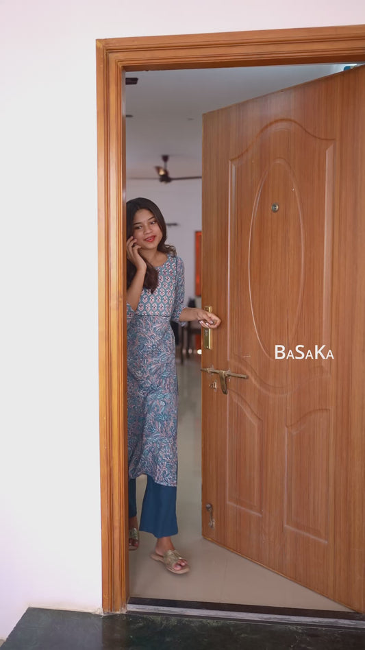 Teal Blue Floral Block Printed COTTON Kurta