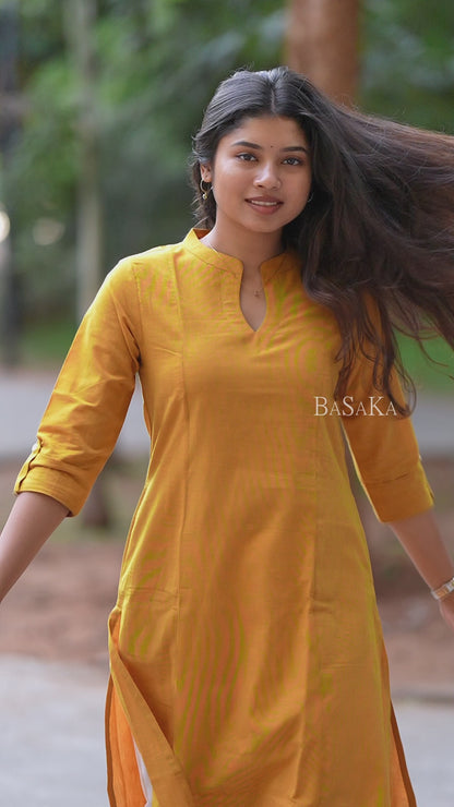 Saffron Yellow A-Line Handloom South Cotton Kurta