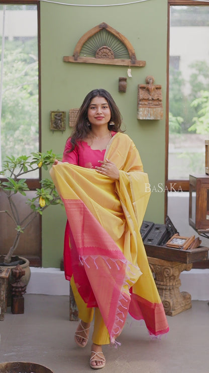 Watermelon Pink n Marigold Kora Silk Suit Set (3 Pcs) with lining