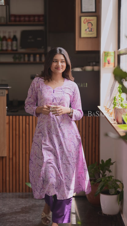 Lavender Floral Block Printed  A-line COTTON Kurta