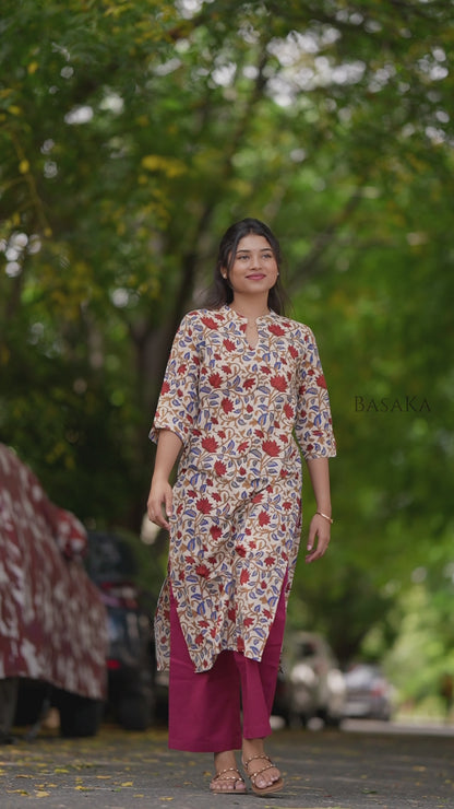 Kalamkari Red Lotus Block Printed COTTON Kurta