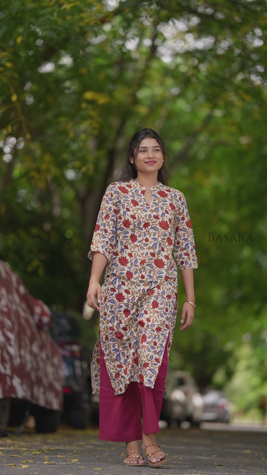 Kalamkari Red Lotus Block Printed COTTON Kurta