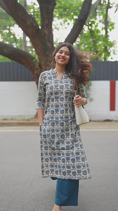 Indigo Blue Lotus Block Printed Cotton Kurta