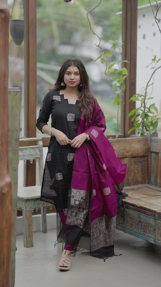 Classic Black Kora Silk Suit Set (3 Pcs) with lining