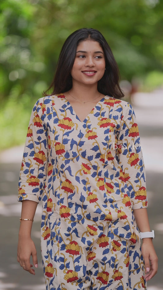 Golden Lotus Kalamkari Block Printed A-line COTTON Kurta
