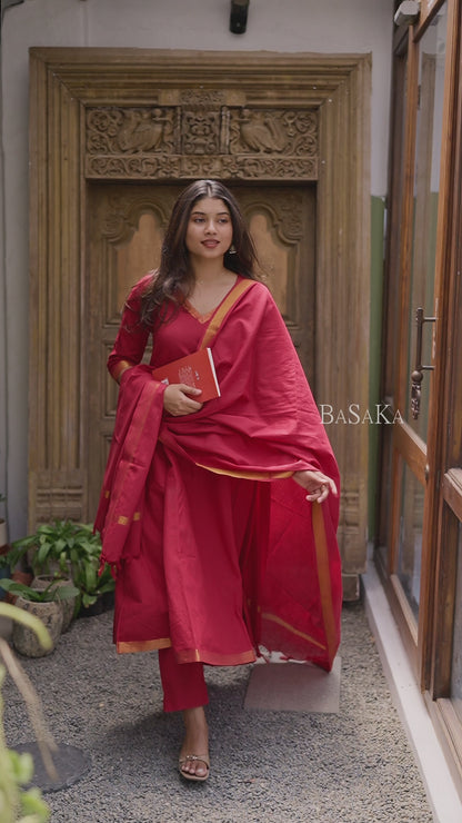 Mangalagiri Pink Ruby Anarkali Suit Set (3 Pcs.) with lining