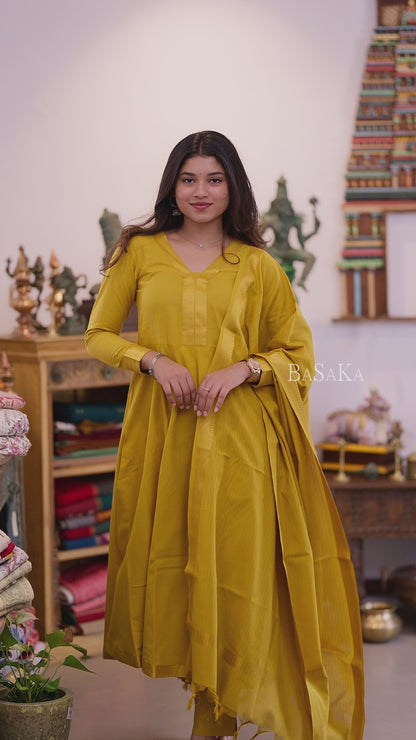 Mangalagiri Marigold Anarkali Suit Set (3 Pcs.) with lining