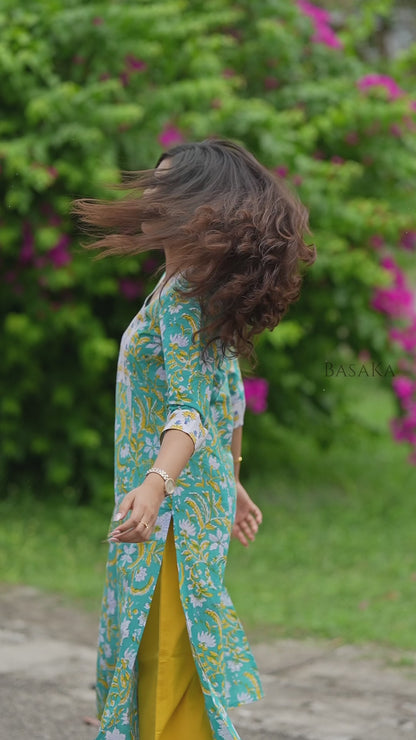 Light Sea Green Floral Hand Block Printed COTTON Kurta