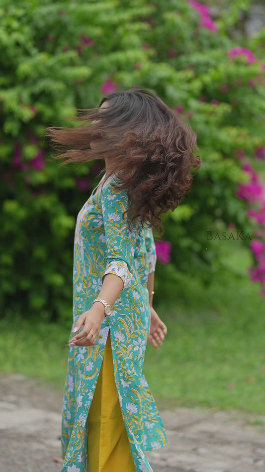 Light Sea Green Floral Hand Block Printed COTTON Kurta