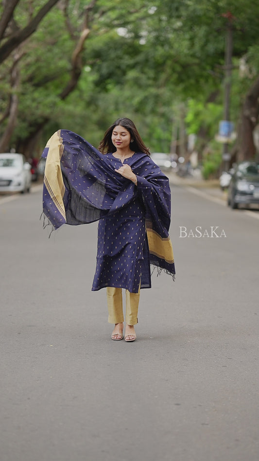 Navy Blue Soft Raw Silk Suit Set (3 Pcs.) with Lining