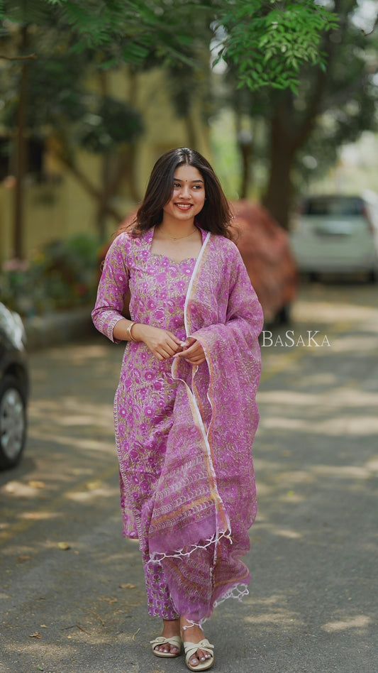 Bright Lavender Floral Block Printed Suit Set (3 pcs.)