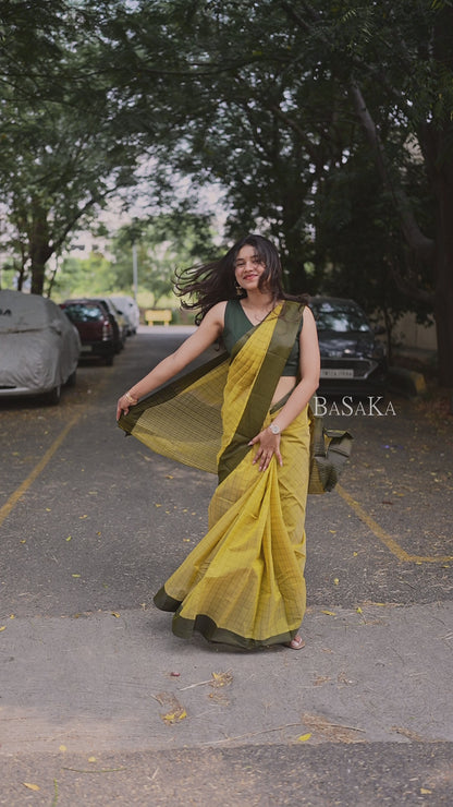 Mustard Checked Handloom SILK COTTON Saree