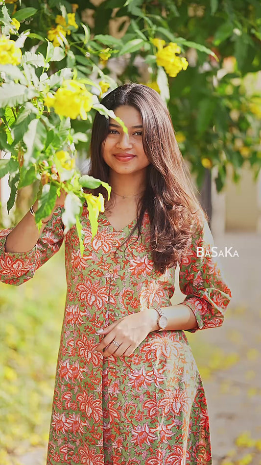 Olive n Coral Bloom Box Pleated COTTON Kurta