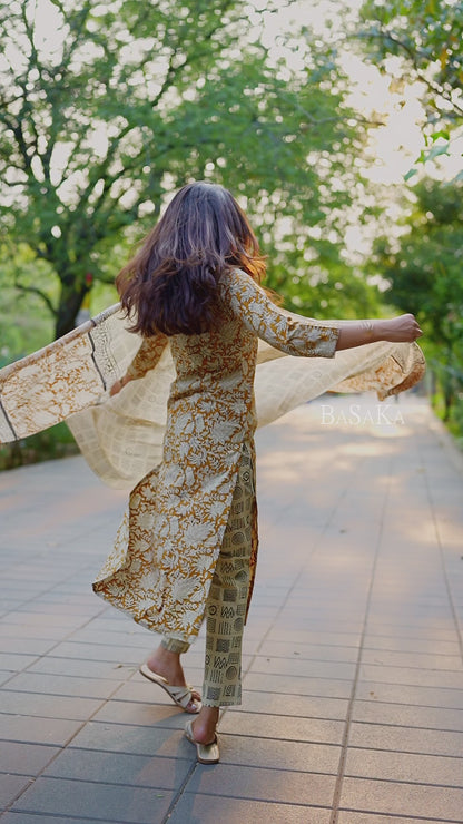 Mustard Yellow Floral Block Printed Suit Set (3 pcs.)