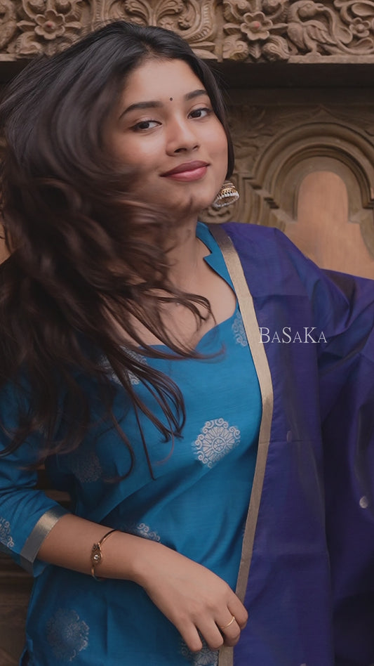 Dodger Blue Kora Silk Suit Set (3 pcs.) with lining.