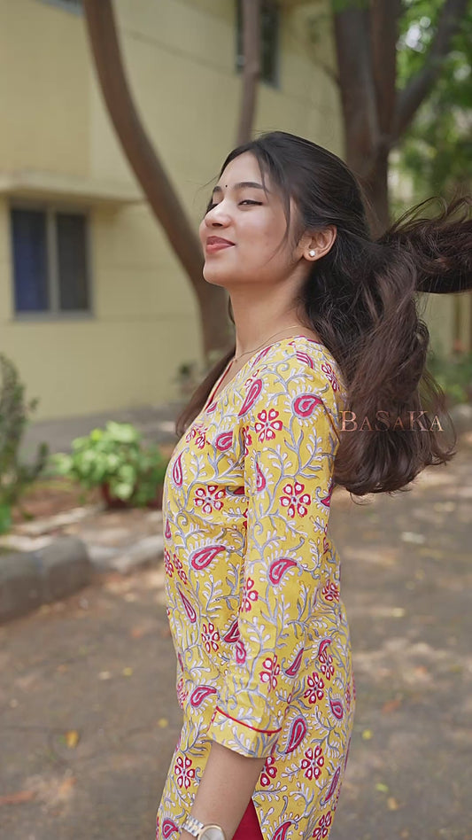 Yellow Ambi Floral Block Printed COTTON Kurta