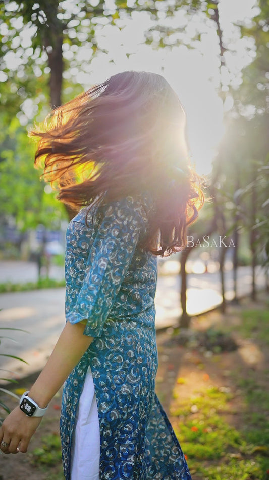 Indigo Grey Floral Block Printed COTTON Kurta