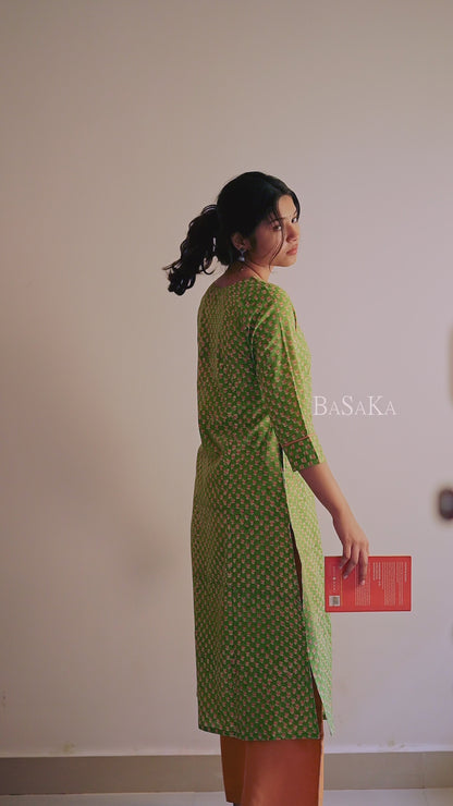 Lime Green Block Printed COTTON A-line Kurta