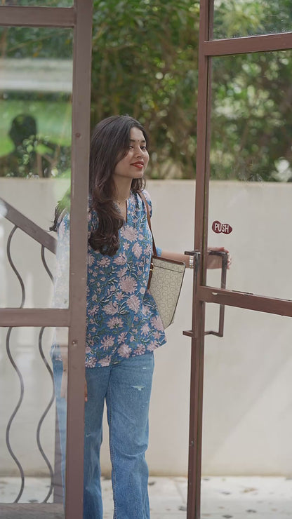 Steel Blue Floral Block Printed COTTON Top