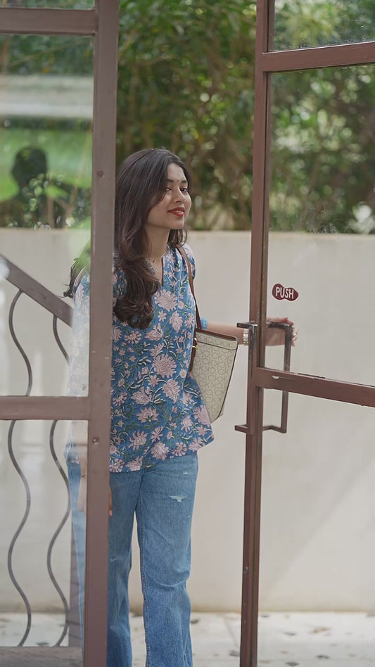 Steel Blue Floral Block Printed COTTON Top